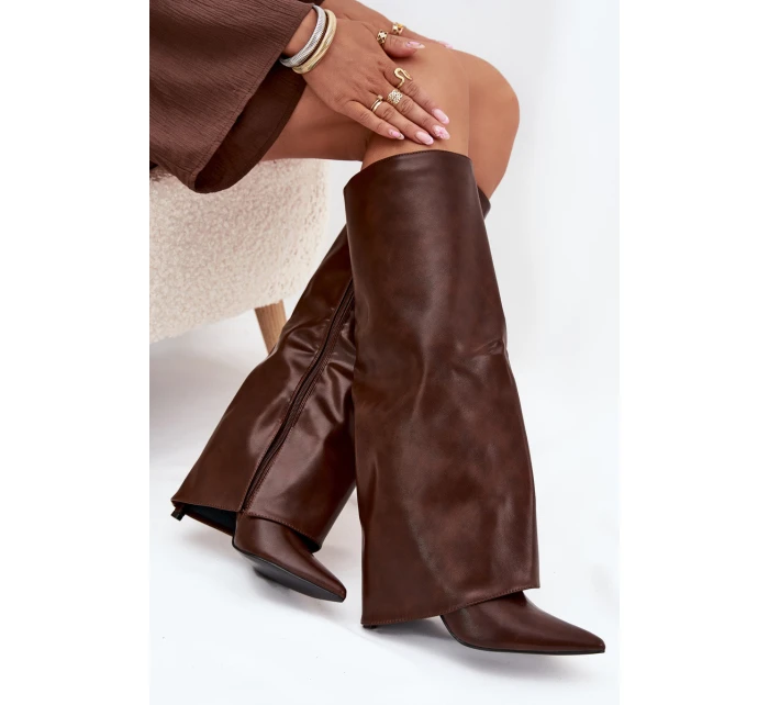 Zateplené Kozačky Na Jehlovém Podpatku S Svrškem Čokoládové model 21704865 - Boto