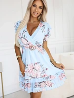 468-3 PATRIZIA šaty s obálkovým výstřihem, páskem a krátkými rukávy - MODRÁ S RŮŽÍ