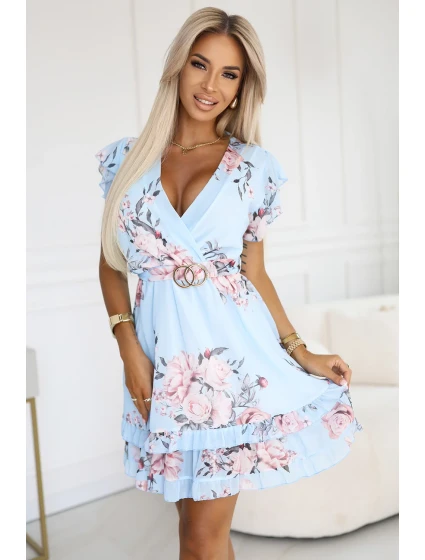 šaty s obálkovým výstřihem, páskem a krátkými rukávy MODRÁ S model 21143327 - numoco basic