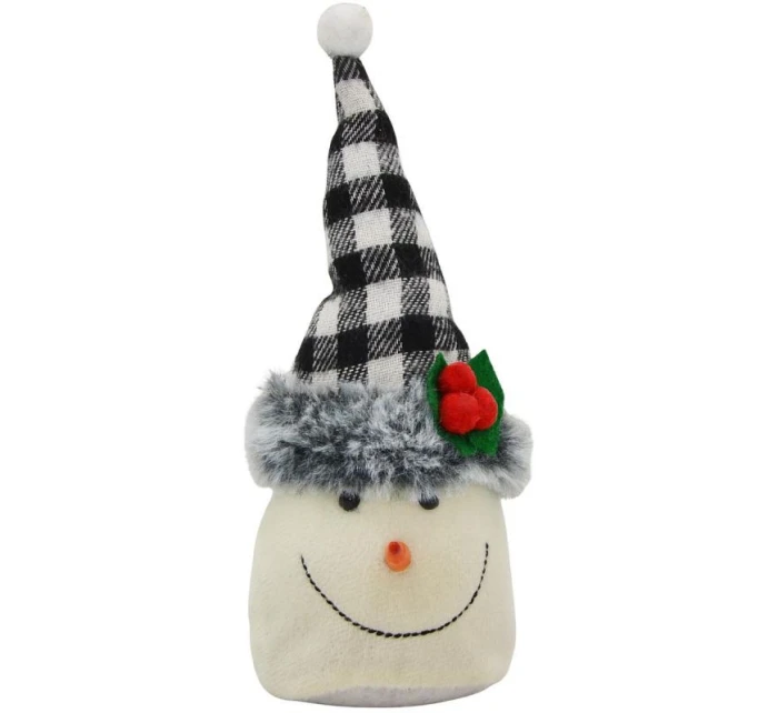 DEKORATIVNÍ SNĚHULÁK 20CM S ČERNOBÍLOU KOSTKOVANOU ČEPICÍ