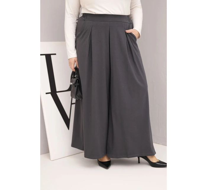 Dámské bavlněné kalhoty Plus Size s širokými nohavicemi a volným střihem grafitové Dámské bavlněné kalhoty Plus Size s širokými nohavicemi a volným střihem grafitové