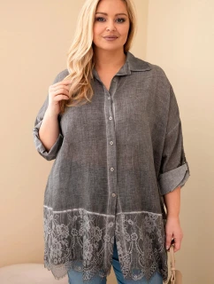 Dámská košile Plus Size bavlněná s krajkovým zakončením šedá