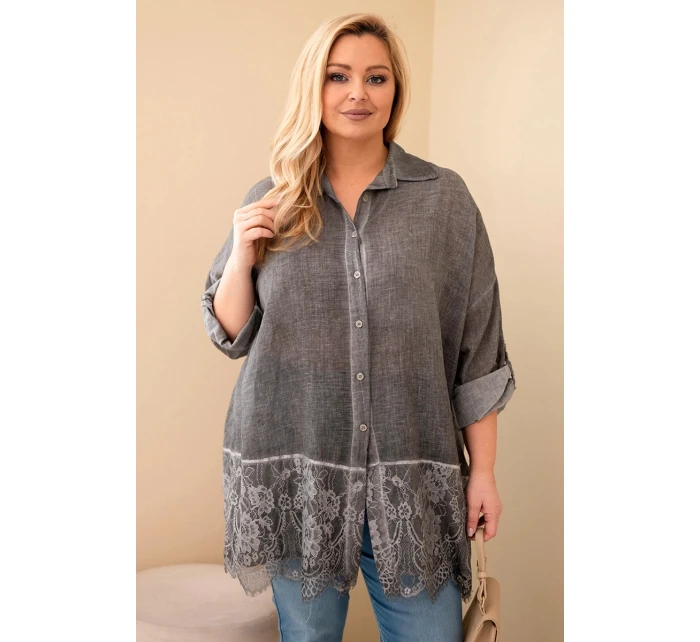 Dámská košile Plus Size bavlněná s krajkovým zakončením šedá