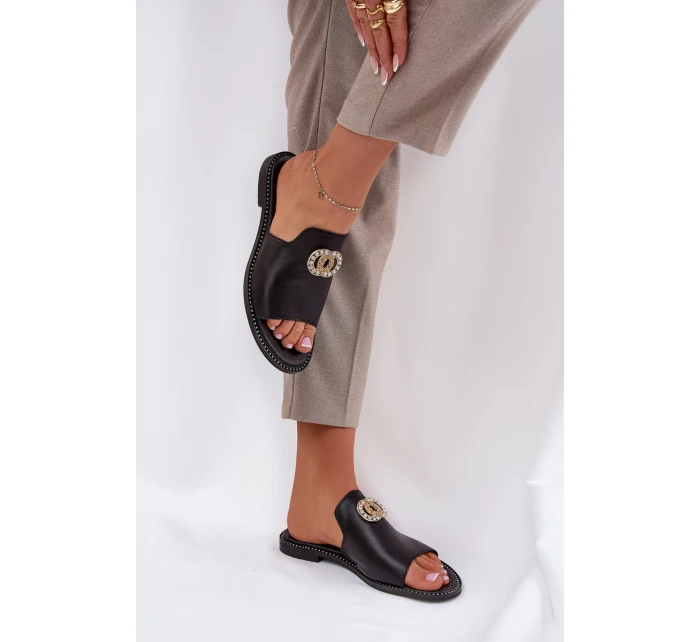 Elegantní Dámské Kožené Pantofle S Dekorací Zazoo 3008 Černé