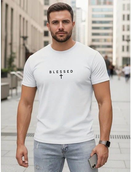 Pánské bavlněné tričko s potiskem BLESSED bílé FashionStreet NX5124R