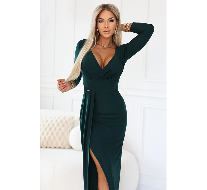 model 22112277 Elegantní dlouhé šaty s obálkovým výstřihem a rozparkem lahvově zelené - numoco