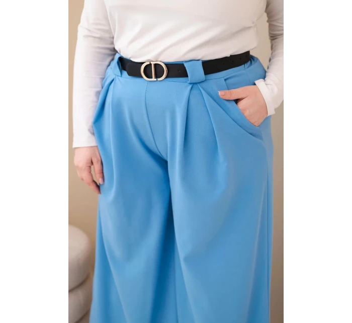 Dámské kalhoty Plus Size viskózové s širokým nohavicí a páskem modré Dámské kalhoty Plus Size viskózové s širokým nohavicí a páskem modré
