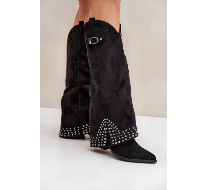 Kozačky s ohrnutým svrškem na podpatku černé Iveliri