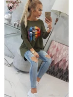 Oversize halenka s duhovým potiskem rtů v barvě khaki