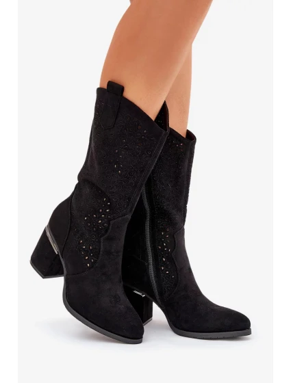 Dámské perforované kozačky do poloviny lýtka ve stylu kovbojek S.Barski – černé, eko kůže
