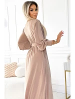 Dlouhé béžové dámské šaty se širokým opaskem a výstřihem model 21876183 - numoco basic