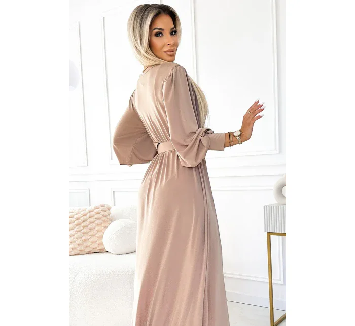 Dlouhé béžové dámské šaty se širokým opaskem a výstřihem model 21876183 - numoco basic