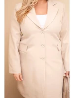Dámský kabát Plus Size dlouhý s límcem a kapsami béžový