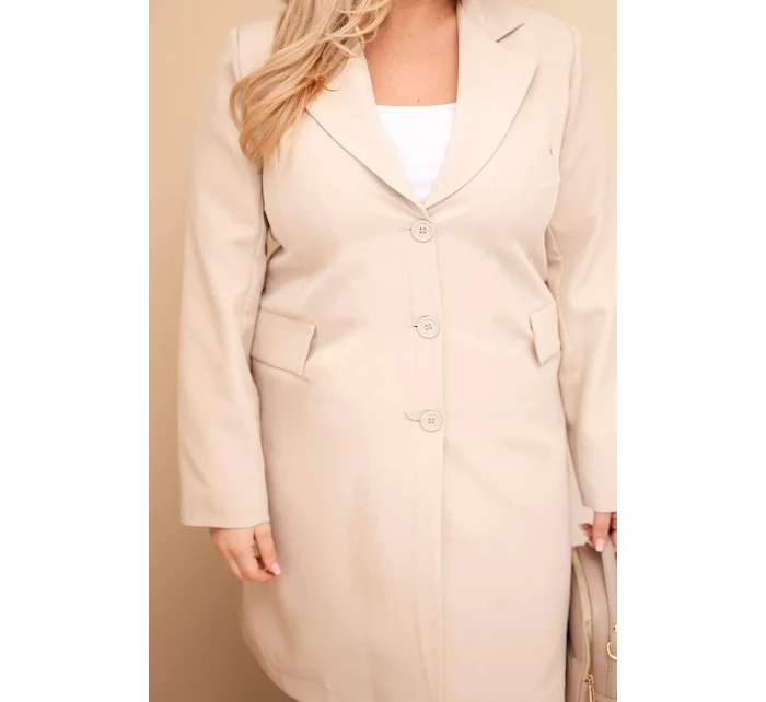 Dámský kabát Plus Size dlouhý s límcem a kapsami béžový