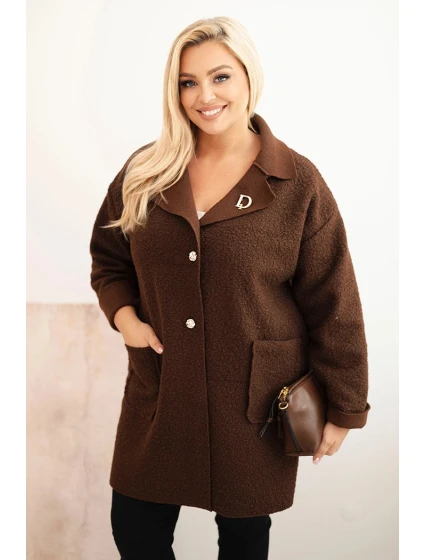 Dámský kabát Plus Size model 22324379 s vlnou a kapsami hnědý - K-Fashion Dámský kabát Plus Size model 22324379 s vlnou a kapsami hnědý - K-Fashion