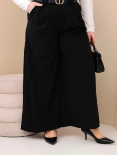 Dámské kalhoty Plus Size viskózové s širokou nohavicí a páskem černé