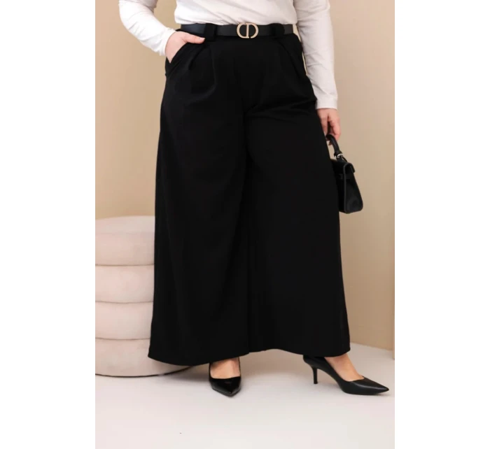 Dámské kalhoty Plus Size viskózové s širokou nohavicí a páskem černé Dámské kalhoty Plus Size viskózové s širokou nohavicí a páskem černé