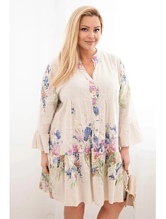 Dámské bavlněné šaty ve velikosti Plus Size s výstřihem do V a knoflíky s květinovým vzorem béžová