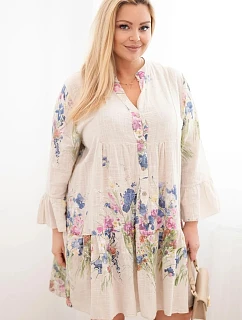 Dámské bavlněné šaty ve velikosti Plus Size s výstřihem do V a knoflíky s květinovým vzorem béžová