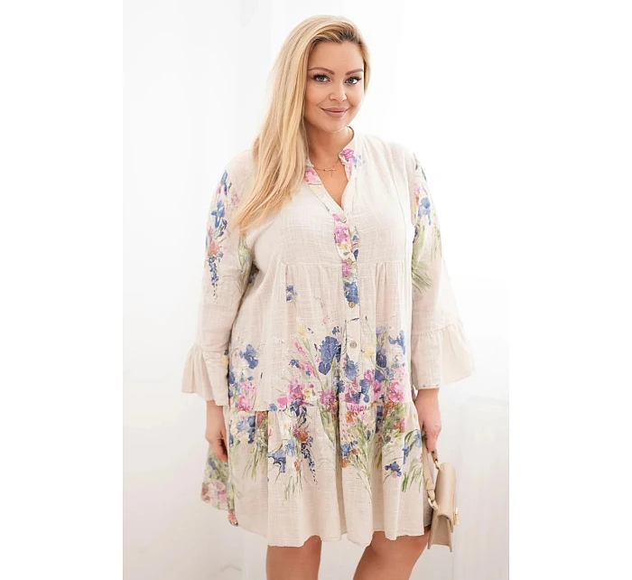 Dámské bavlněné šaty ve velikosti Plus Size s výstřihem do V a knoflíky s květinovým vzorem béžová