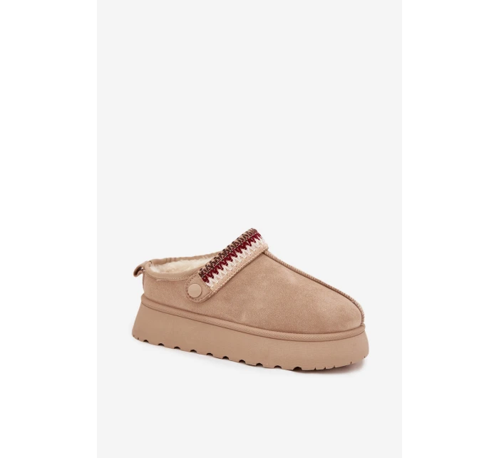 Nízké dámské sněhule na platformě s pohyblivým páskem a výšivkou Lyrisse – jasně béžové