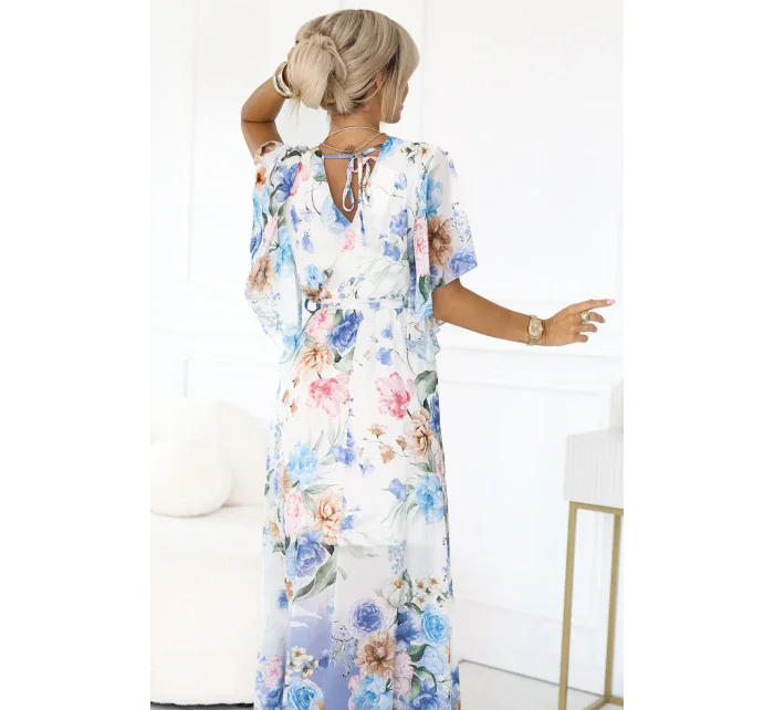model 21178444 Vzdušné maxi šaty s obálkovým výstřihem a květinovým vzorem BLUE ROSE - numoco basic