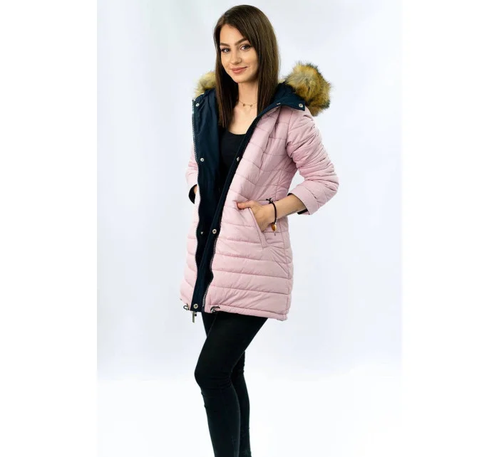 Tmavě modro-růžová oboustranná dámská zimní bunda s kapucí (w213)