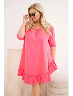 Dámské plus size bavlněné šaty s volánem růžová