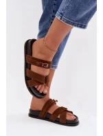 Dámské pantofle s pásky a zlatým sponou Hnědé model 21954730 - Boto