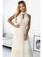 Béžové plisované dámské midi šaty s ve tvaru ve výstřihu model 22064814 - numoco basic Béžové plisované dámské midi šaty s ve tvaru ve výstřihu model 22064814 - numoco basic