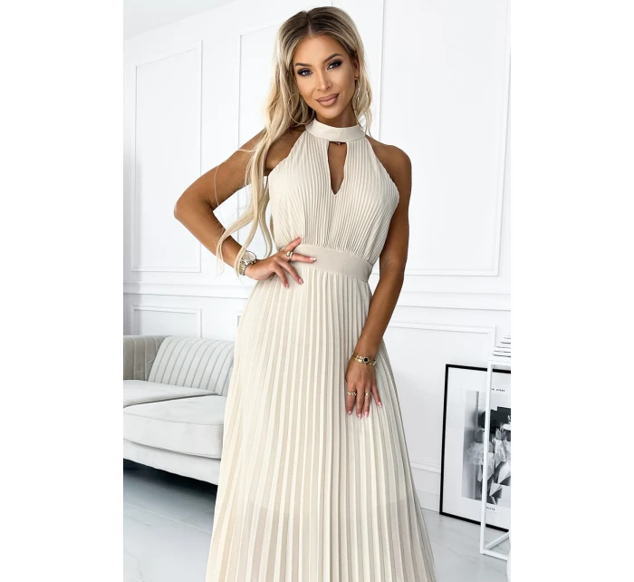 Béžové plisované dámské midi šaty s ve tvaru ve výstřihu model 22064814 - numoco basic Béžové plisované dámské midi šaty s ve tvaru ve výstřihu model 22064814 - numoco basic