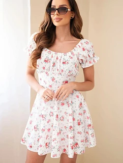 Dámské květinové šaty s nadýchaným rukávem a elastickým pasem bílá