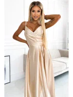 299-8 CHIARA elegantní maxi dlouhé saténové šaty bez ramínek - ZLATÉ