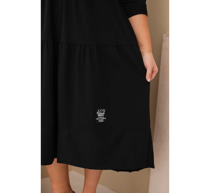 Dámská bavlněná Plus Size šaty s volány a ohrnutým rukávem černá Dámská bavlněná Plus Size šaty s volány a ohrnutým rukávem černá