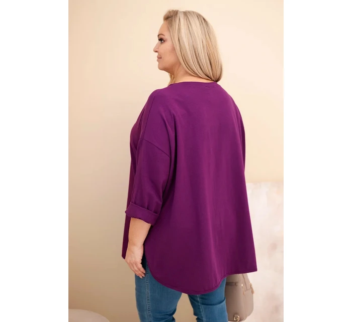Dámská blůza Plus Size s bavlnou, s kapsou a ohrnutým rukávem tmavě fialová