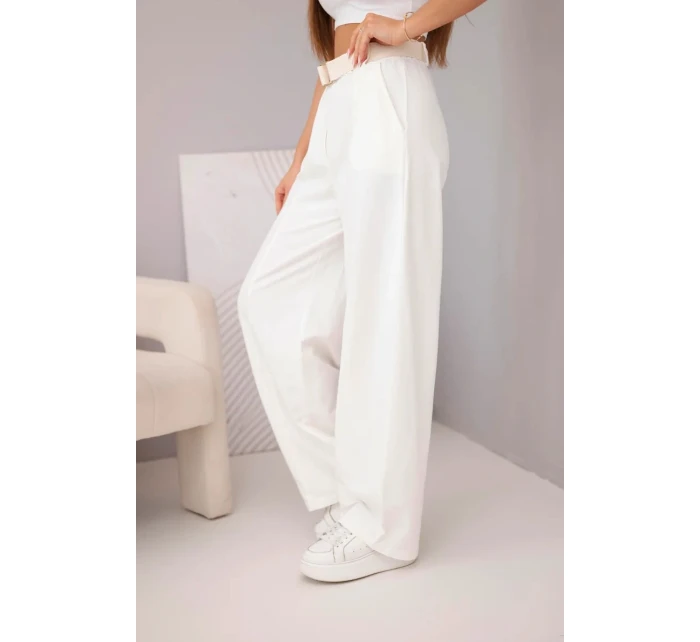 Dámské bavlněné kalhoty se širokými nohavicemi a páskem ecru