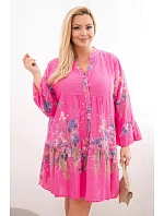Dámské bavlněné šaty Plus Size s výstřihem do V a knoflíky květinový vzor fuchsiová