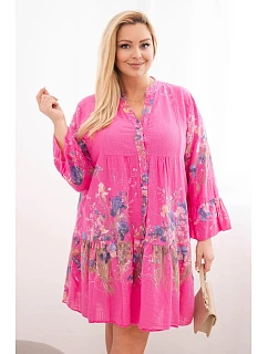 Dámské bavlněné šaty Plus Size s výstřihem do V a knoflíky květinový vzor fuchsiová