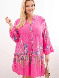 Dámské bavlněné šaty Plus Size s výstřihem do V a knoflíky květinový vzor fuchsiová