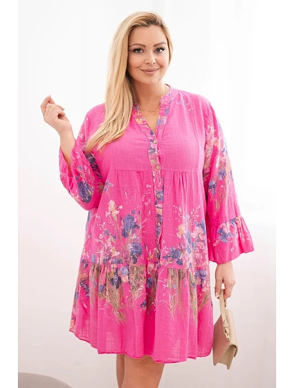 Dámské bavlněné šaty Plus Size s výstřihem do V a knoflíky květinový vzor fuchsiová