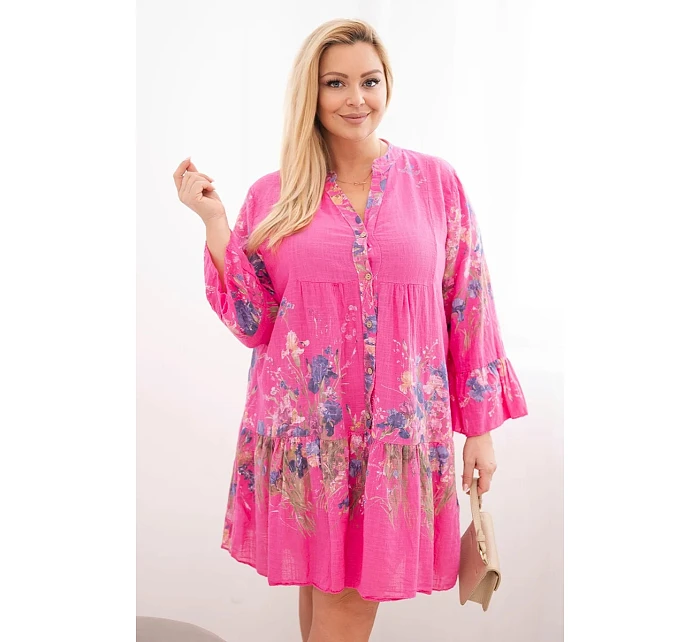 Dámské bavlněné šaty Plus Size s výstřihem do V a knoflíky květinový vzor fuchsiová