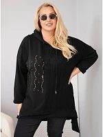 Dámská bavlněná mikina Plus Size s kapucí a pleteným pruhem černá
