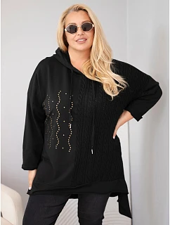 Dámská bavlněná mikina Plus Size s kapucí a pleteným pruhem černá