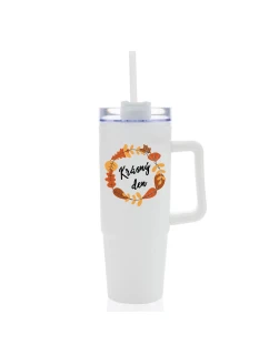 KRÁSNÝ DEN (PODZIM) - bílý cestovní termohrnek s průhledným víčkem 900 ml  