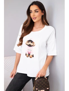 Dámská bavlněná oversize halenka s krátkým rukávem a potiskem V bílá