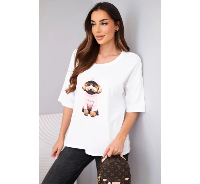 Dámská bavlněná oversize halenka s krátkým rukávem a potiskem V bílá