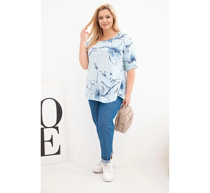 Dámská bavlněná halenka Plus Size s krátkým rukávem a kapsou modrá Dámská bavlněná halenka Plus Size s krátkým rukávem a kapsou modrá