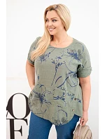 Dámská bavlněná halenka Plus Size s krátkým rukávem a kapsou khaki Dámská bavlněná halenka Plus Size s krátkým rukávem a kapsou khaki
