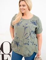 Dámská bavlněná halenka Plus Size s krátkým rukávem a kapsou khaki