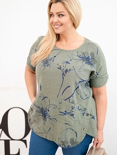 Dámská bavlněná halenka Plus Size s krátkým rukávem a kapsou khaki